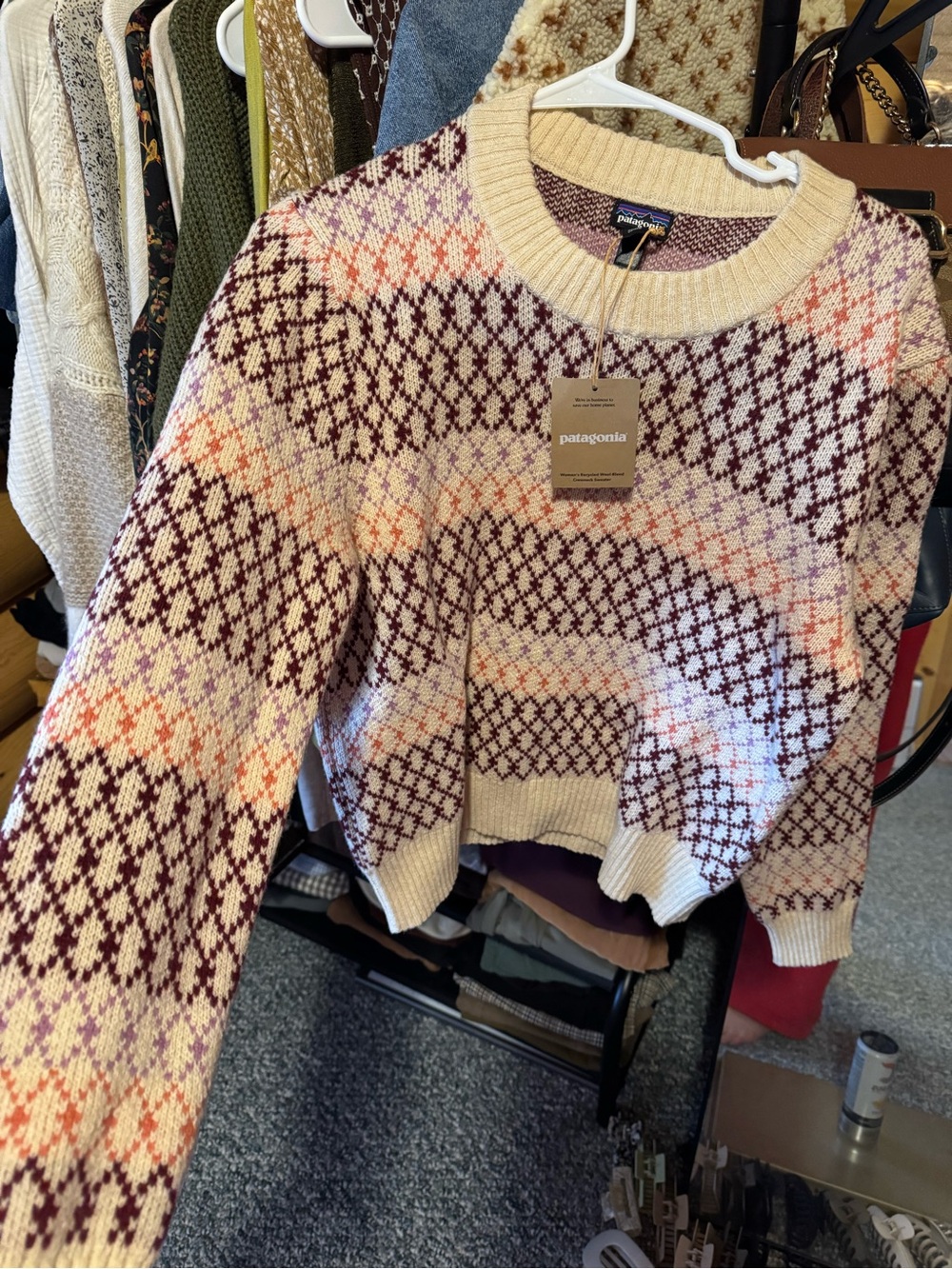 Patagonia Crewneck Sweater in Dark Natural with Maroon Fair - Picture 2 of 3